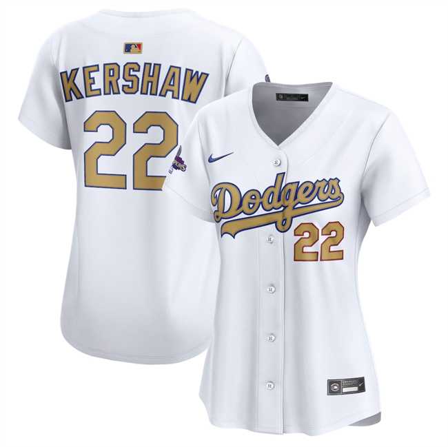 Women%27s Los Angeles Dodgers #22 Clayton Kershaw White 2025 Gold Collection Limited Stitched Jersey Dzhi